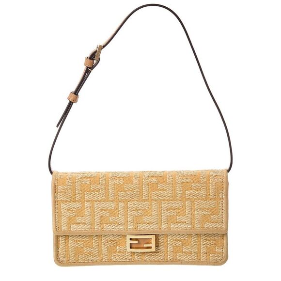 FENDI Handbags - Fendi Baguette Ff Jacquard Raffia & Leather Wallet On Chain, Beige